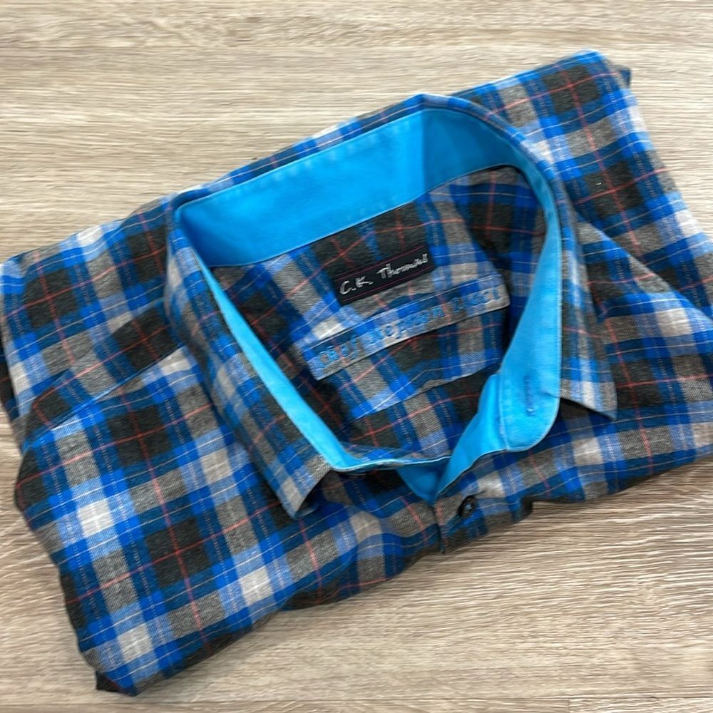C.K. Thomas Custom Made Plaid Blue Gray Button Up Casual Shirt XXXL